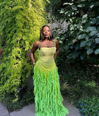 Pink/Orange/Green Gradient Spaghetti Straps Fashion Elegant Long Ruffle Chiffon Ball Gown Evening Dress Party Dress gh3252