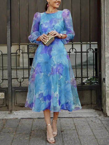 Puff Sleeve Temperament Chiffon Printed Women's Dress