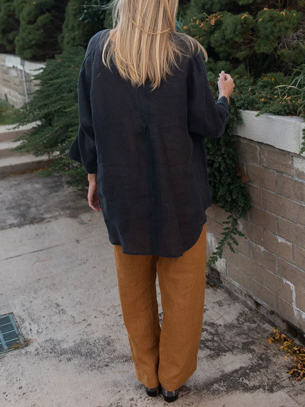 Large Pocket Pullover Cotton and Linen Women's Shirt
