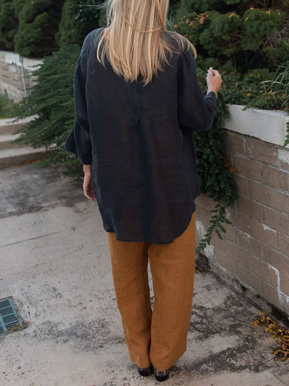 Large Pocket Pullover Cotton and Linen Women's Shirt