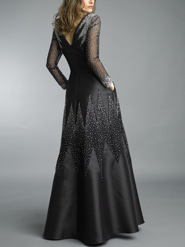V-neck Sequin Solid Color Maxi Dress