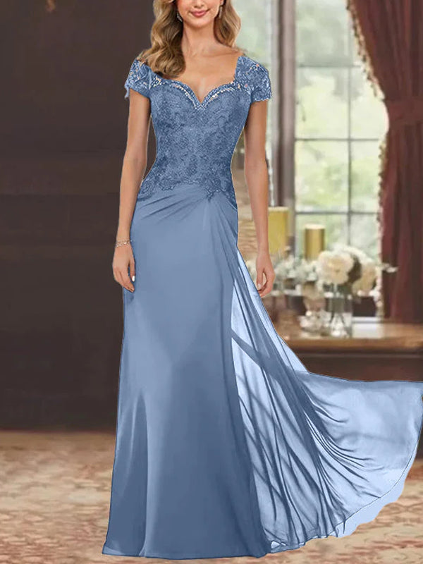 Sheath/Column Sweetheart Short Sleeves Floor-Length Mother of the Bride Dresses with Appliques Lace