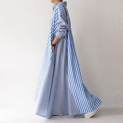 loveedsTM - Autumn Casual Loose Maxi Dress Women Vintage Turn-down Collar Striped Shirt Boho Beach Wedding Long Office Vestidos