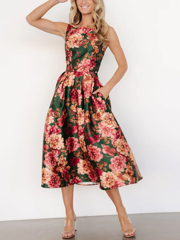 Crew Neck Sleeveless Printed Midi Dress
