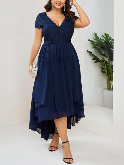 V-neck Lace Solid Color Midi Dress