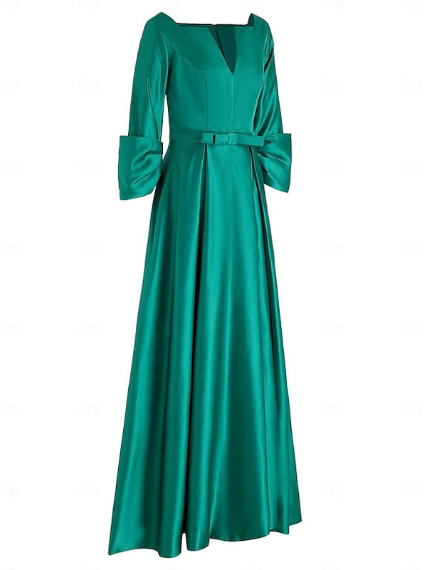Long Sleeve V Neck Satin Evening Dress