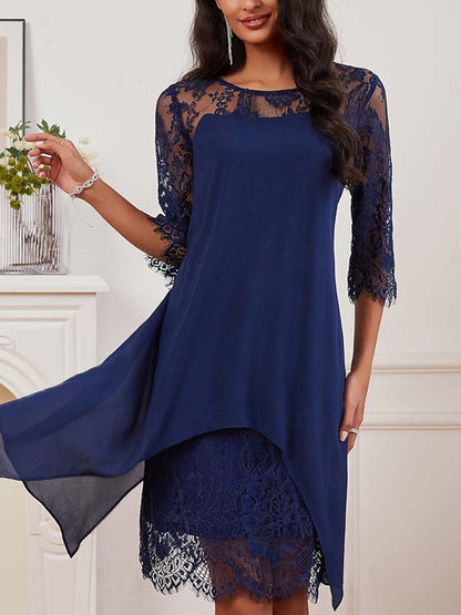 Lace Chiffon Stitching Casual Round Neck 3/4 Long Sleeve Dress