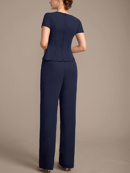 V-Neck Solid Color Short-Sleeved Top And Trousers Three-Piece Suit