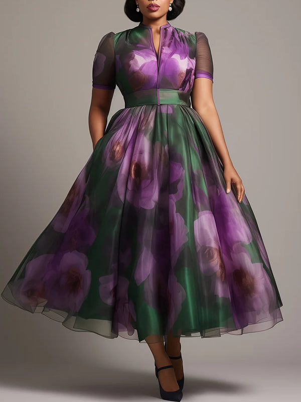 Wedding Guest Purple Floral Round Neck Short Sleeve Pocket Organza Maxi Dresses