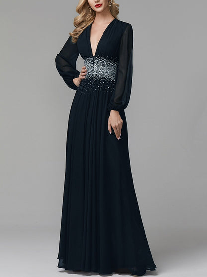 V-neck Chiffon Long Sleeve Solid Color Maxi Dress