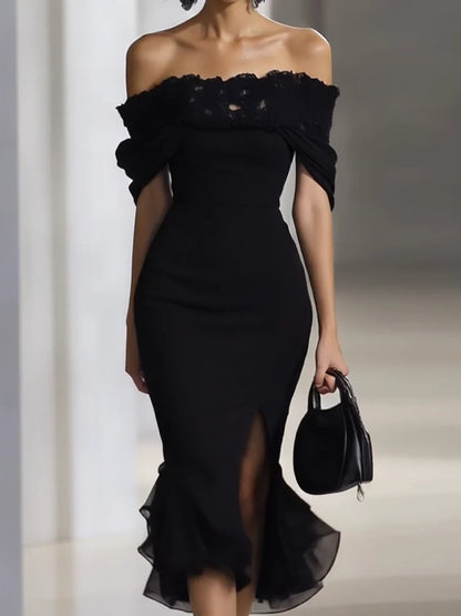 Off Shoulder Black Chiffon Dress With Lace