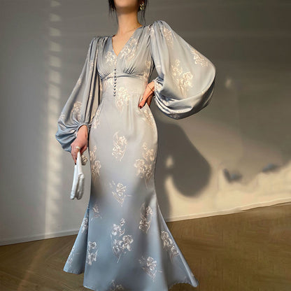 loveedsTM- Vintage French Women Dress Spring Summer Elegant Floral Print V Neck Latern Sleeve Long Maxi Dress Party Holiday Female Vestidos