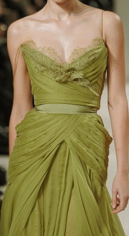 Charming A Line Spaghetti Strap Green Lace Chiffon Long Prom Dress Graduation Prom Dress SH2514