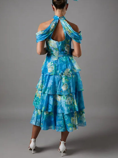 Cold Shoulder Printed Chiffon Midaxi Halter Dress