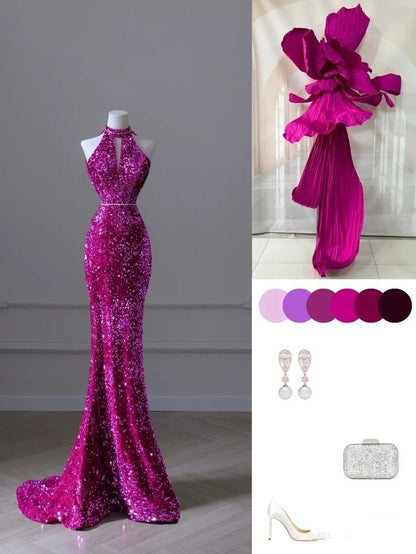 Pink Gorgeous Shiny Exquisite Beaded Halter Long Mermaid Slim Sequin Floor Length Ball Gown Evening Gown Party Dress gh3395