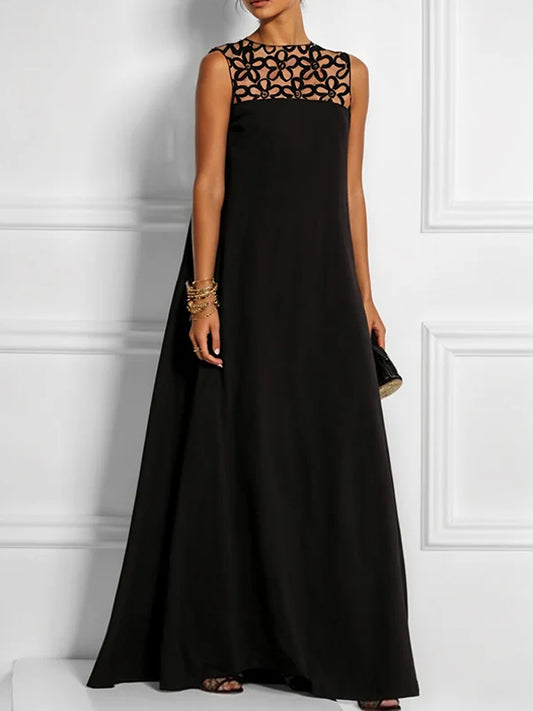 Hollow Solid Color Split-Joint Round-Neck Maxi Dress