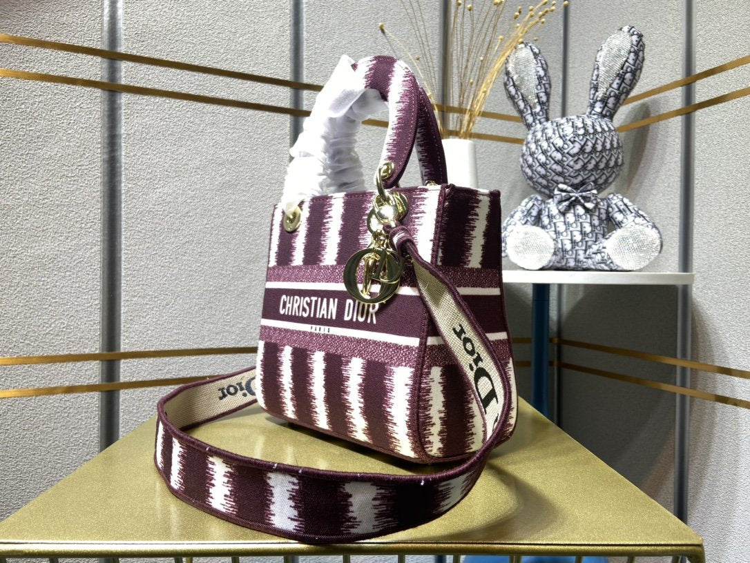 Dior Women Medium Lady D-lite Bag Blue D-Stripes Embroidery