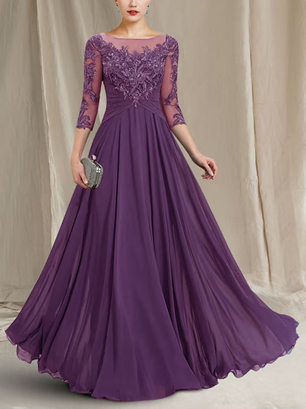 Chiffon Lace 3/4 Sleeve Maxi Dress