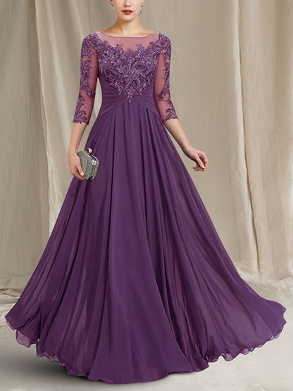 Chiffon Lace 3/4 Sleeve Maxi Dress