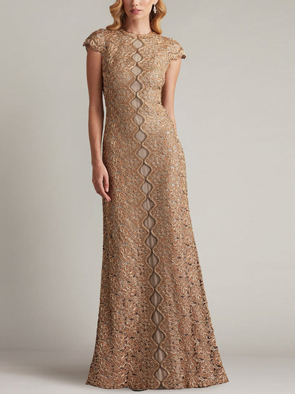 Round Neck Short Sleeve Lace Solid Color Maxi Dress