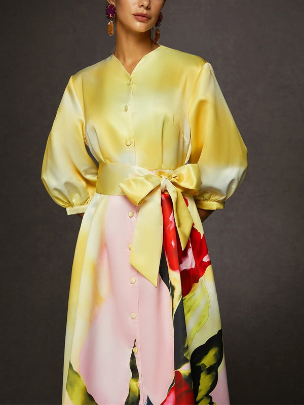 Yellow Satin Floral Pocket Midi Dress