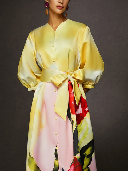 Yellow Satin Floral Pocket Midi Dress