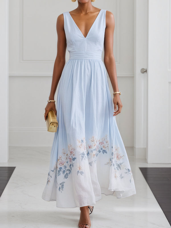 Floral V Neck Sleeveless A-Line Maxi Dress