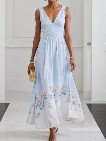 Floral V Neck Sleeveless A-Line Maxi Dress