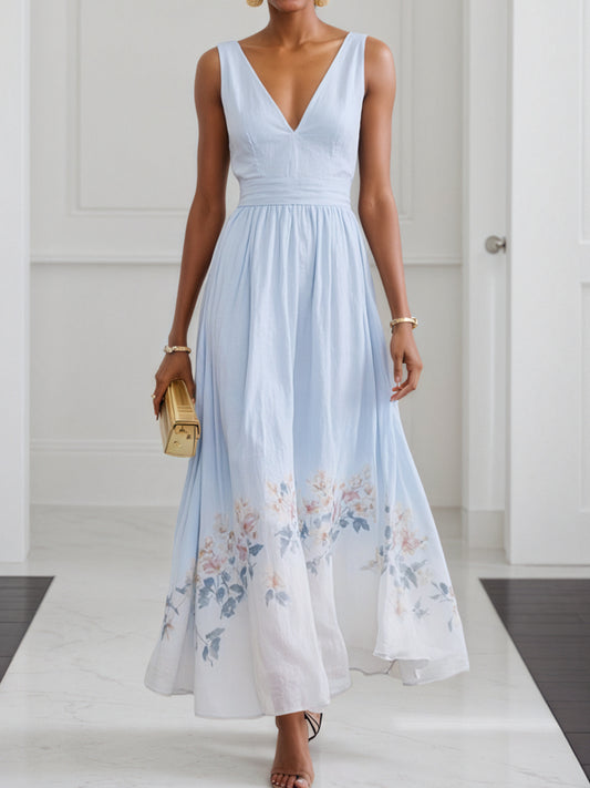 Floral V Neck Sleeveless A-Line Maxi Dress
