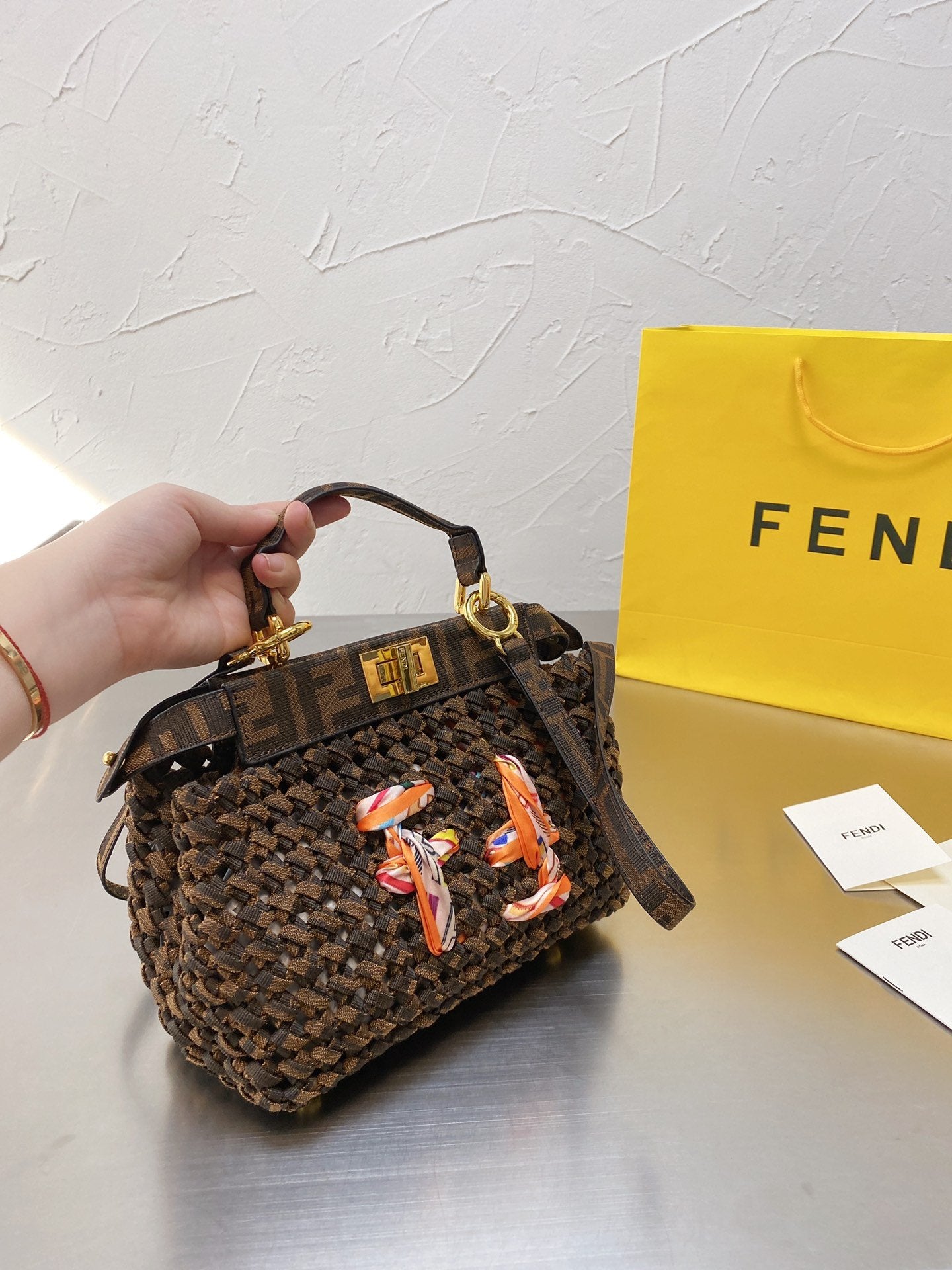 Fendi Peekaboo Iconic Mini Jacquard Fabric Interlace Bag