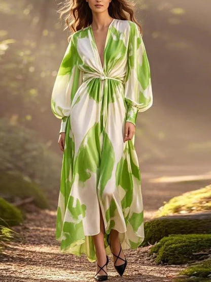 Print Wrinkled Chiffon Dress V Neck