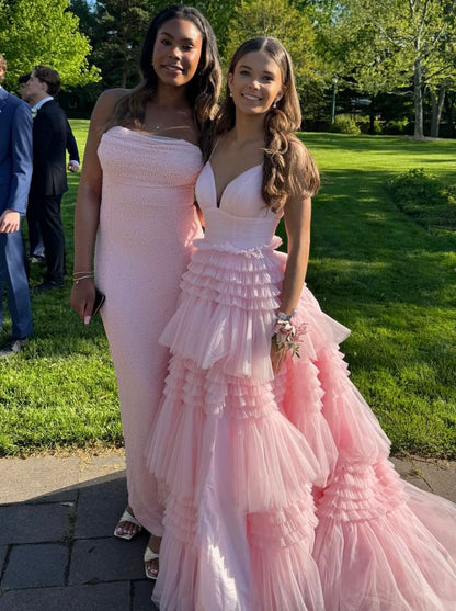 Pink sweet fashion V-neck elegant long tulle floor-length trailing ball gown evening dress prom dress gh3791