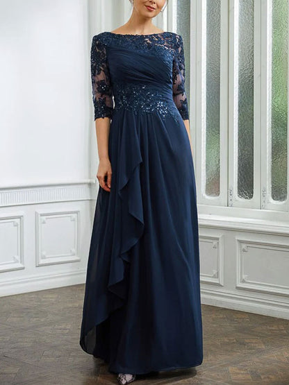 Applique Bateau 3/4 Sleeves Floor-Length Women's Dress