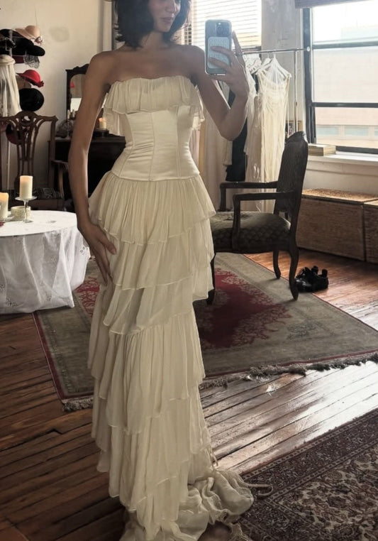Ivory White Vintage Elegant Chiffon Ruffle Long Prom dresses Evening Dress Party Dress gh4884