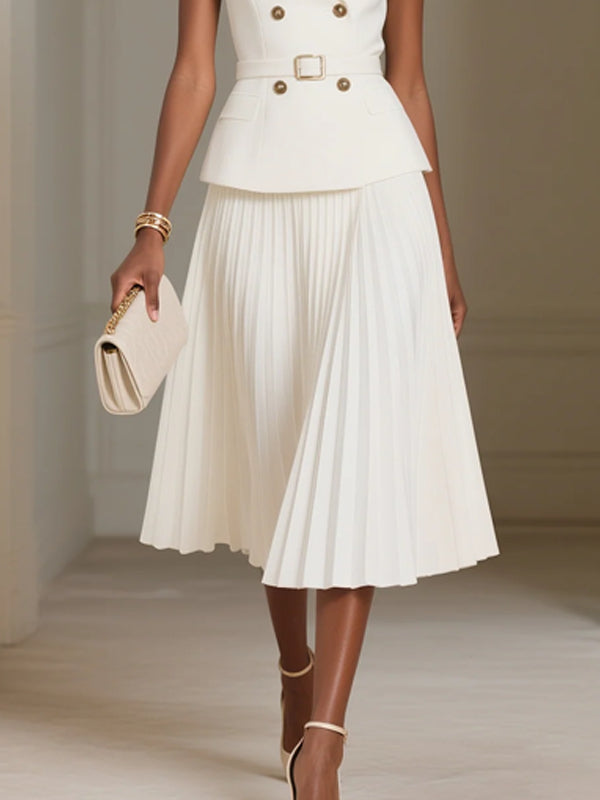 Women's Solid Color Lapel Sleeveless Double-breasted Pleated Skirt Two-piece Set