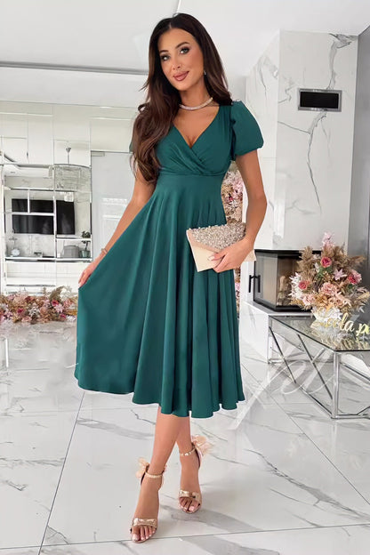 loveedsTM-Sexy V-neck solid color short-sleeved midi dress