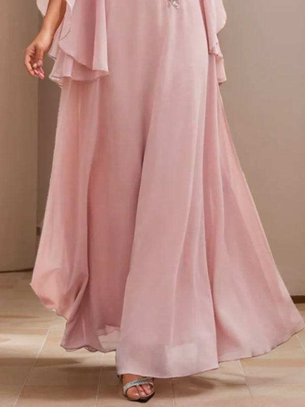 A-Line/Princess V-Neck Short Sleeves Floor-Length Mother of the Bride Dresses with Appliques Lace