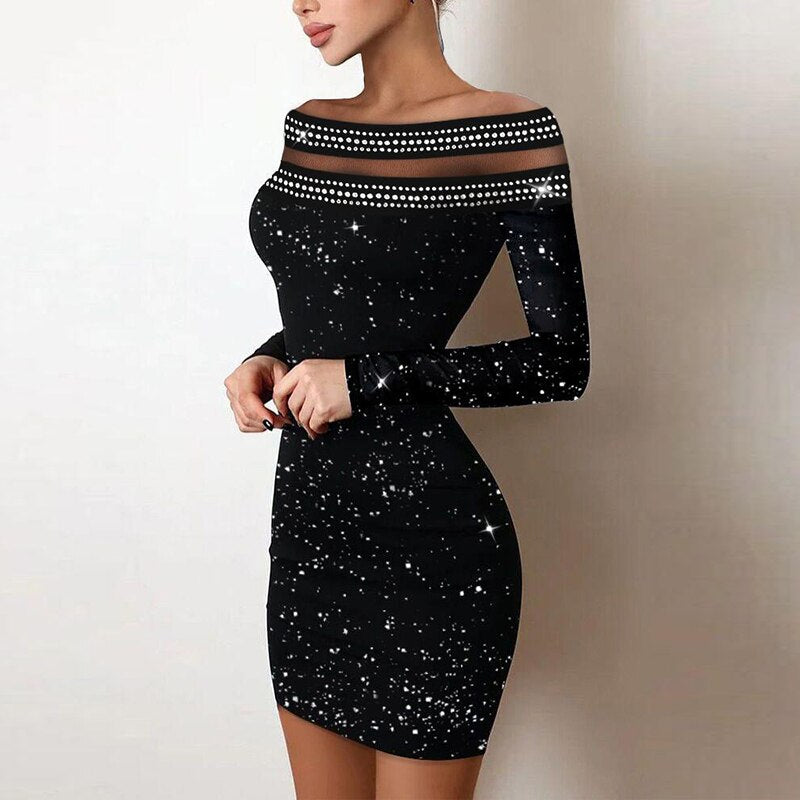 loveedsTM- Shiny Silk Turtleneck Bodycon Evening Dress Sexy Mesh Patchwork Long Sleeve A-line Dress Women Elegant Hollow Out Fashion Dress
