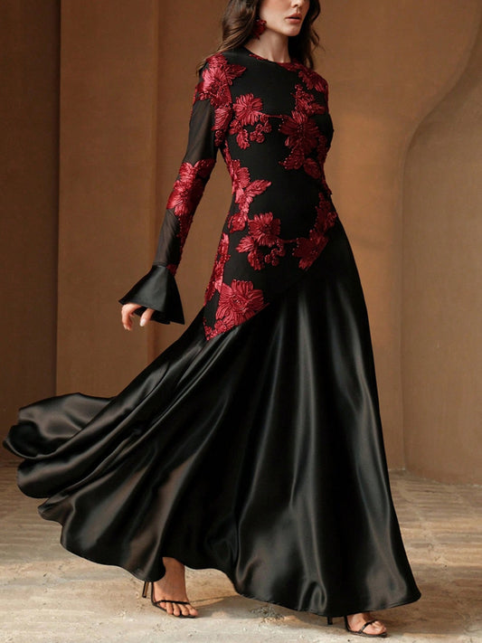 Floral Pattern Mesh Patchwork Elegant Long Sleeve Dress
