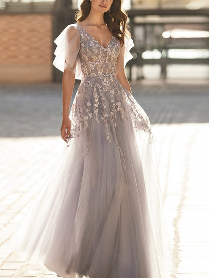 V-Neck Lace Mesh Solid Color Maxi Dress