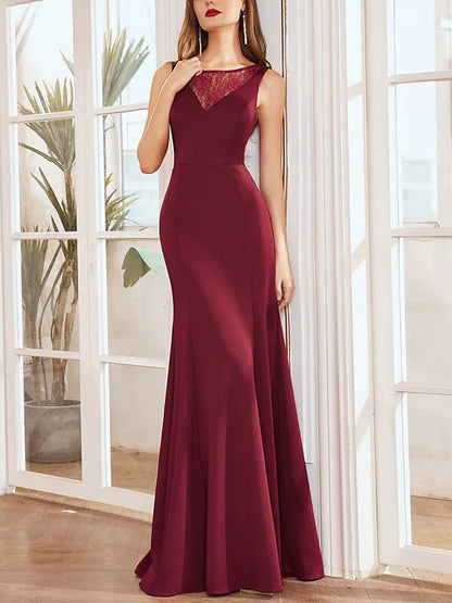 Round Neck Solid Color Lace Maxi Dress