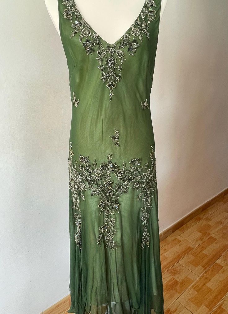 Green Vintage Elegant Delicate Floral  Applique Beaded Long tulle Chiffon Prom Gown Evening Dress Party Dress gh3227