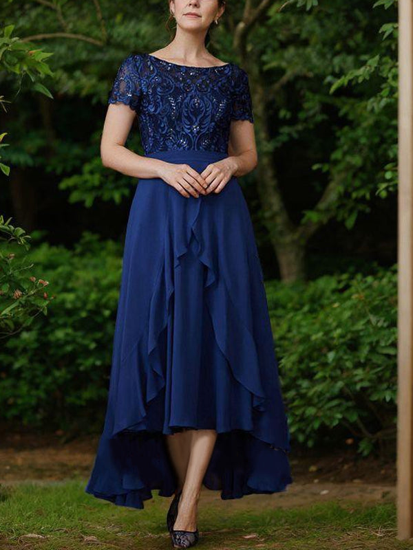 Round Neck Short Sleeve Lace Midi Dress