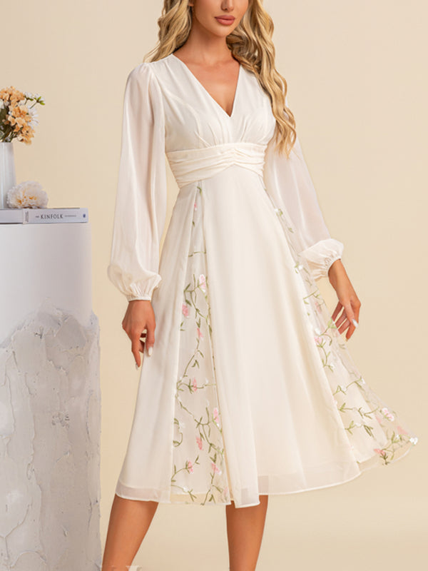 Pleated V-Neck A-line Chiffon Lace Midi Dress