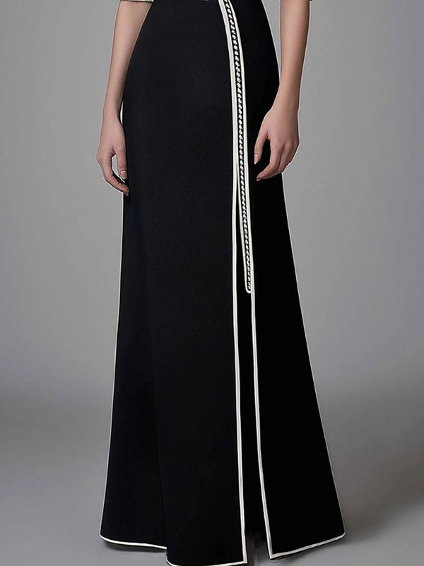 Elegant Black Slit Dress Funnel Neck Half-Sleeve Maxi Dress
