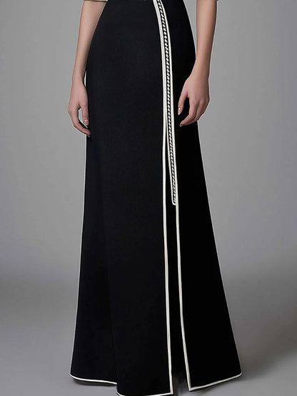 Elegant Black Slit Dress Funnel Neck Half-Sleeve Maxi Dress