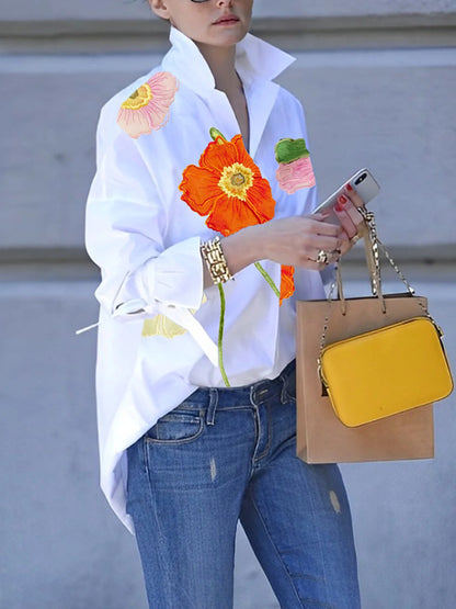 Shirt Collar Floral Loose Blouse