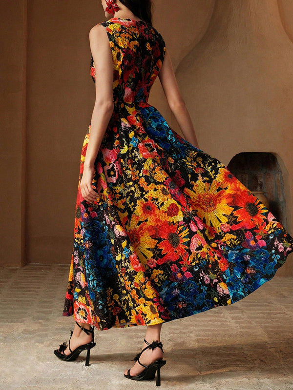 Floral Waist Fit A-Line Elegant Women's Holiday Dress