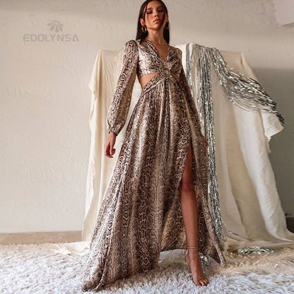 loveedsTM- Sexy V-Neck Backless Hollow Out Dress 2024 Summer Women Lantern Sleeve Club Party Long Maxi Dresses Tunic Beach Cover Up A916