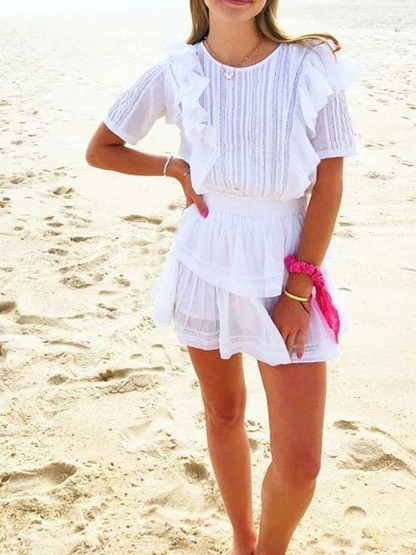 loveedsTM- Summer Short Sleeve Vocation Women White Mini Dress Holiday Lace Ruffled Dress Pink